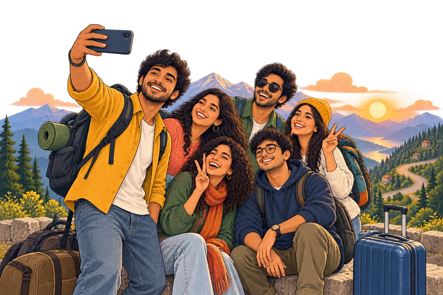 Friends taking a group selfie on a mountain trip